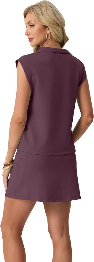 GRECERELLE Women's 2026 Summer 2 Piece Skort Sets Cap Sleeve Zip Collared Top Matching Tennis Skirt with Pockets for Athletic