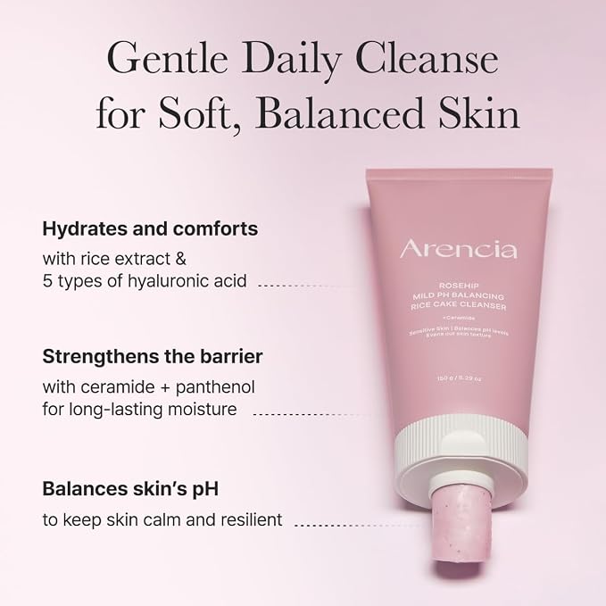 ARENCIA Rosehip Rice Cake Cleanser, pH Balancing Face Wash with Ceramide for Sensitive Skin, 150ml / 5.07 fl oz