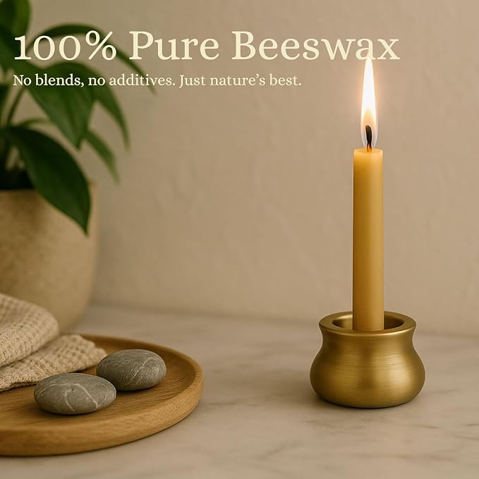 Australian Made 50 Minute Pure Beeswax Candles, Beeswax Meditation Candle Set, Set of 20 mini Candles with Brass Holder, Stress Releif Gifts for Women,Non Toxic Yoga Candle (50 Min Set + Holder)