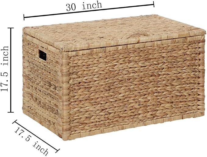 Water Hyacinth Wicker Storage Trunk, Natural, 30x17.5x17.5 Inches | Safety Hinge, Metal Frame, Decorative Blanket Chest & Storage Box, Farmhouse Woven Storage, For Living Room & Entryway