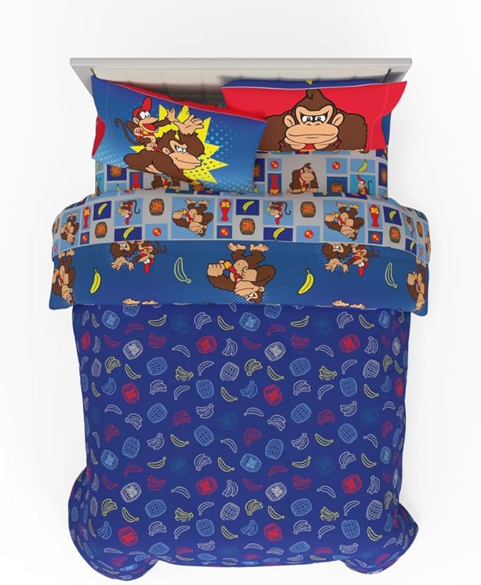 Collectibles Nintendo Donkey Kong Gaming Bedding 7 Piece Super Soft Reversible Comforter and Sheet Set with Sham, Full, (Officially Licensed Product) By Franco