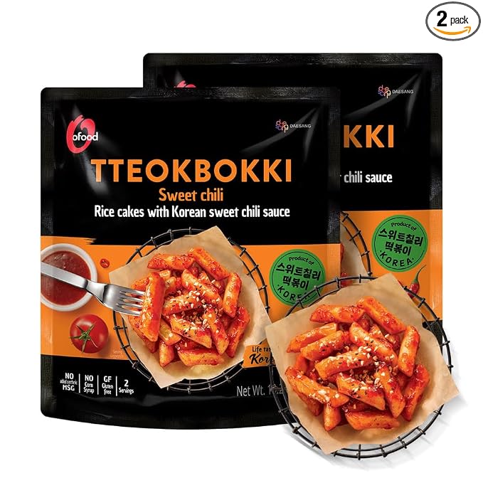 O’Food Tteokbokki Korean Rice Cakes – [Sweet Chili | Pack of 2] – Gluten-Free (Except BBQ), Healthy/ Savory/ Bold/ Fiery, 0 Cholesterol/ 0 Trans Fat/ No MSG/ No Corn Syrup, Spicy Street Snack, Ready in Minutes
