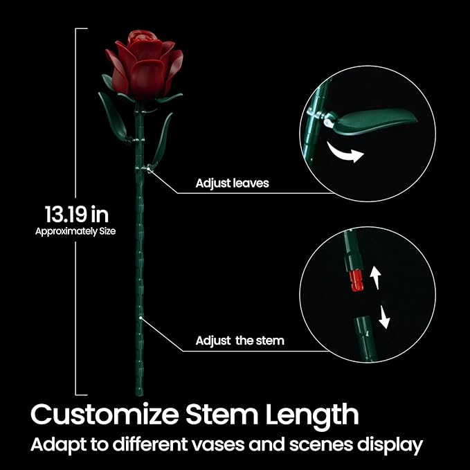 iATOM Burgundy Red Rose Bouquet Building Set, Compatible with Lego Flowers for Adults Women, Botanical Collection Gift for Halloween & Valentines - Artificial Plant Gothic Home Decor - 11016