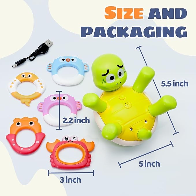 Sizobi Baby Bath Toys, Rechargeable Turtle Bath Toy Sprinkler for Toddler with 5 Rings, Bathtub Fountain Spray Toy, Pool Water Bath Toys for Kids Ages 1-3 Boys Girls Birthday Christmas Gifts