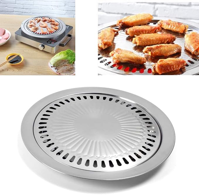 Saim Korean BBQ Grill Pan,Stainless Steel Non-Stick Roasting Smokeless Barbecue Grill Pan,Round Korean Style Stovetop for Indoor Outdoor Camping BBQ