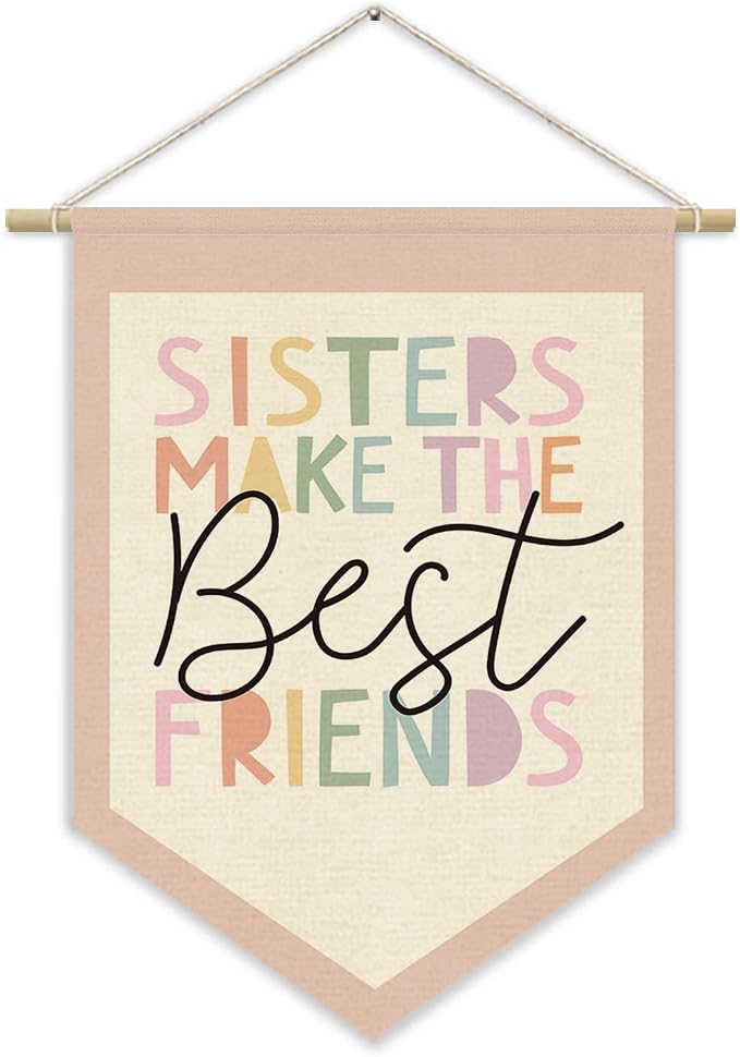 Girls Room Wall Art Decor,Toddler Girl Room Cute Pink Nursery Bedroom Playroom Canvas Banner Decorations,Sisters Make The Best Friends Wall Hanging Pennant Flag Banner for Little Girls Princess