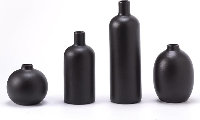Black Ceramic Vase Set of 4, Classic Matte Small Vases Home Decorations for Table Shelf Office Centerpieces Decor