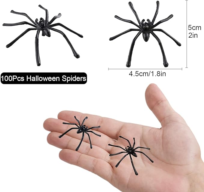 BAINFE 100PCS Plastic Spiders Halloween Realistic Spiders Black Fake Spiders Small Spider Toys for Prank Haunted House Halloween Party Supplies