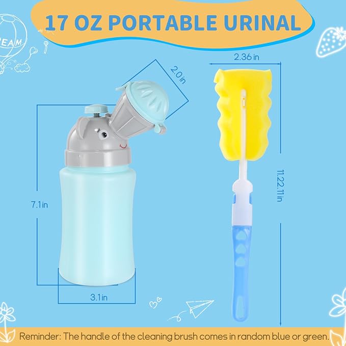 ONEDONE Portable Urinal for Kids 17 OZ Pee Bottle with Clean Brush Travel Urinal for Kids Baby Child Pee Cup for Boys Emergency Toilet for Camping Car Travel and Kid Potty Training(Blue)