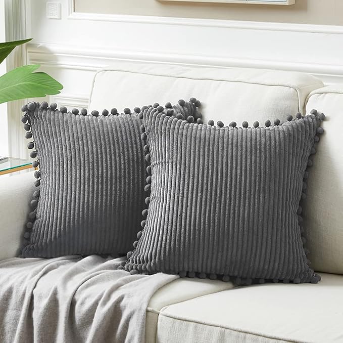 Fancy Homi Set of 2 Dark Gray Decorative Throw Pillow Covers 12x12 Inch with Pom-poms for Couch Bed Sofa, Modern Farmhouse Boho Home Decor, Soft Plush Corduroy Cute Cushion Case 30x30 cm