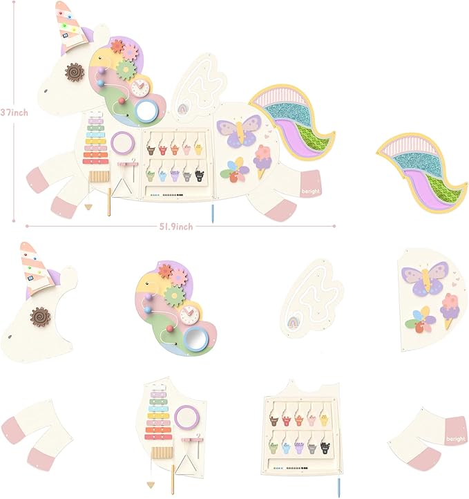 Asweets Unicorn Activity Wall Busy Board Panels, Montessori Sensory Toys, Toddler Learning Activity Center, Perfect for Toddler Playroom & Children's Daycare, White