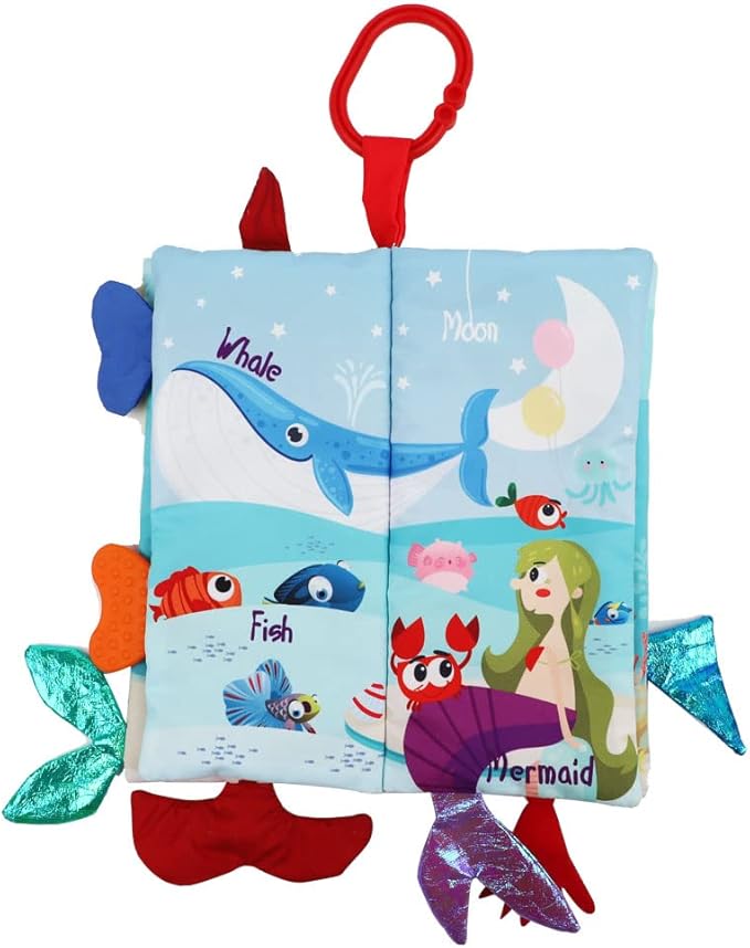 bebe mondo Fish Baby Books Toys 0-6-12-18 Months,Touch Feel Crinkle Soft Cloth Books for Babies Infant Newborn, Baby Girl Boy Shower Toys,Teething Teethers,Stroller Toy-Mermaid