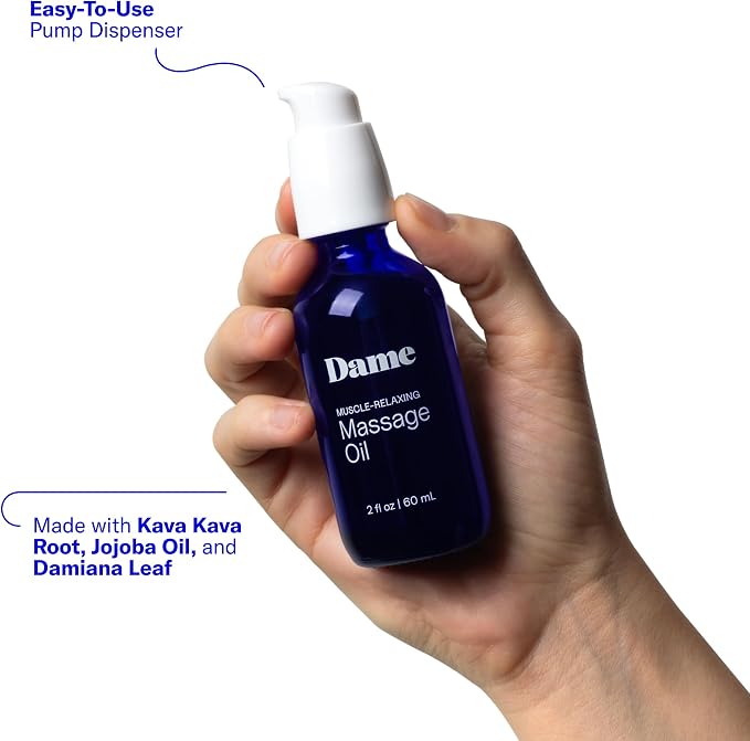 Dame Products Muscle-Relaxing Massage Oil for Women & Men, Sandalwood & Cardamom Body Oil with Jojoba for Massage Therapy, Plant-Based, Non-Greasy, Relaxing Full-Body Massage Oil, 2 fl oz (2 Pack)