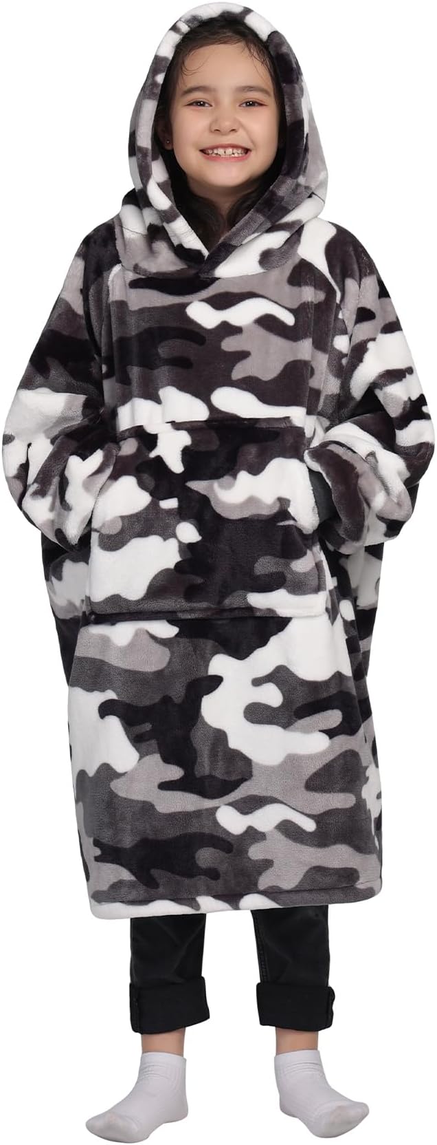 Waitu Wearable Blanket for Kids, Wearable Blanket Hoodie Gifts for Teens Girls and Boys, Warm Blanket Sweatshirt for Teenage, Hoodie Blanket with Sleeves - Camo