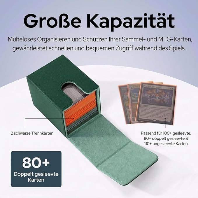 MTG Commander Deck Box with 2 Dividers – Fits 100+ Single Sleeved Cards, Strong Magnet Deck Case for Magic: The Gathering, Premium PU Leather Storage for TCG CCG (Green)