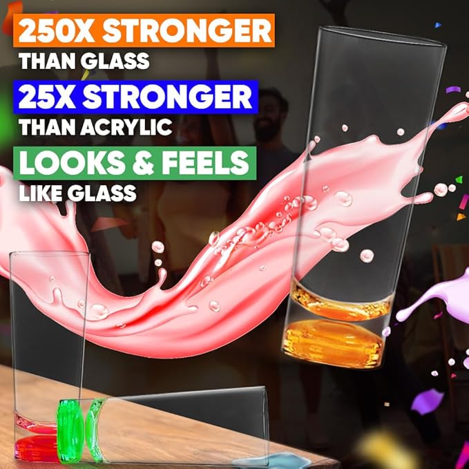 SWOOC Games - Tall Unbreakable Shot Glasses Set (6 Pack) - 250x Stronger Than Glass, 25x Stronger Than Acrylic - Colorful & Dishwasher-Safe – 2oz Reusable Plastic Shot Glasses - DUNZO Compatible