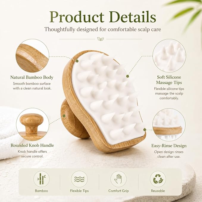 FOMIYES Bamboo Wooden Scalp Massage Brush Hair Wash Scrubber for Deep Scalp Cleaning and Dandruff Removal Comfortable Shampoo Massager for Daily Hair Care