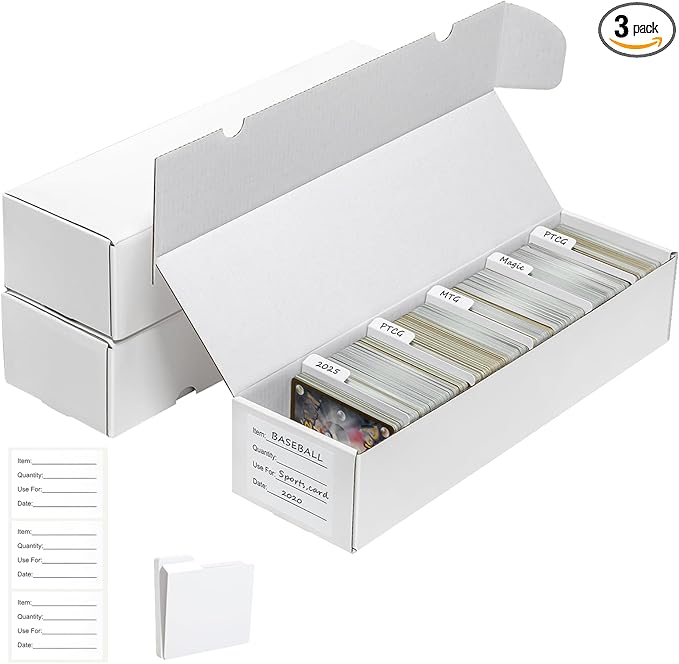 QINGUANG Trading Card Storage Box | 3 Pack • 1100 Count MTG Card Storage Box | with Dividers | White Corrugated Cardboard Sport Card Organizer for Basketball Card/TCG/Magic Collection