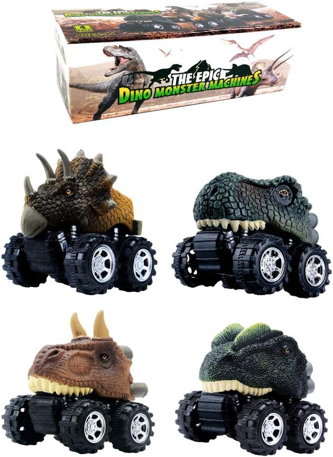 DINOBROS Pull Back Dinosaur Car Toys 4 Pack Dino Toys for 3 Year Old Boys and Toddlers T-Rex Dinosaur Games Monster Trucks