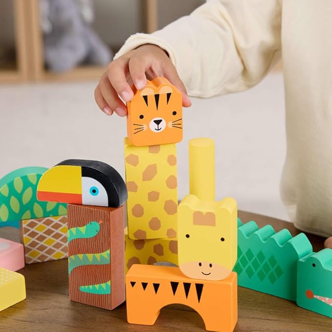 Fisher-Price Wood Toddler Toy Jungle Blocks, 50-Piece Wooden Animal Building Set for Preschool Pretend Play Kids Ages 2+ Years