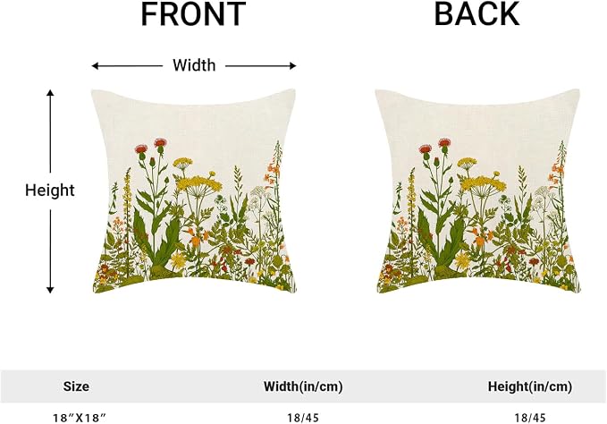 AEIOAE Yellow and Green Pillow Covers 18x18 Inch Set of 2, Spring Wildflower Plant Throw Pillows Case,Seasonal Floral Outdoor Decorative Flowers Farmhouse Decor Cushion Covers for Home Sofa Bed Couch
