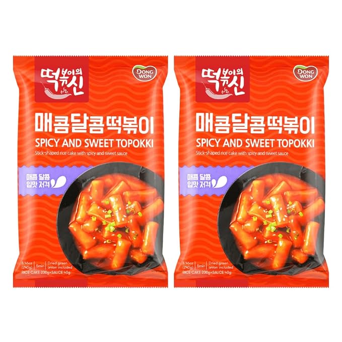 DONG WON Topokki with Spicy and Sweet Sauce, Korean Rice Cake Stick, Korean Street Food, 8.46 OZ (240 G) - 2 Pack