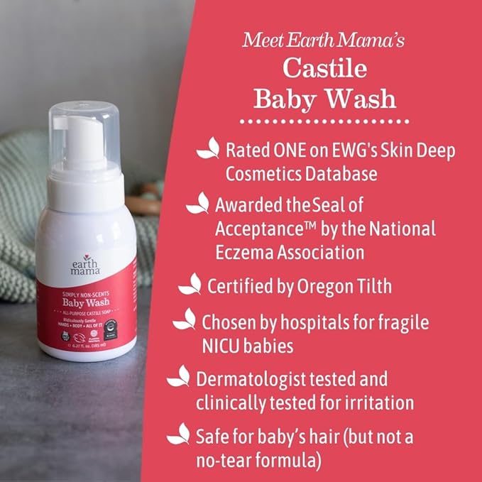 Earth Mama Simply Non-Scents Baby Wash Foaming Hand Soap, Organic All--Purpose Fragrance Free Body Wash for Sensitive Skin, Castile Soap with Coconut Oil, Shea Butter, Calendula, & Aloe, 5.3 fl oz