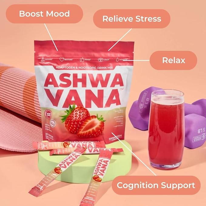 ASHWAVANA Zen Relax Drink Mix - Nootropic, Adaptogen-Infused Ashwagandha Beverage - Rhodiola, Magnesium, L-Theanine - Restore & Unwind - Alcohol Alternative - Strawberry Flavor - 60 Count (Pack of 2)