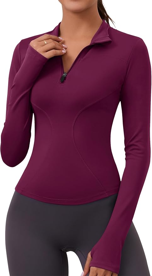 LOMON Womens Long Sleeve Workout Tops Quick Dry Quarter Zip Pullover Crop Yoga Athletic Slim Fit Shirts
