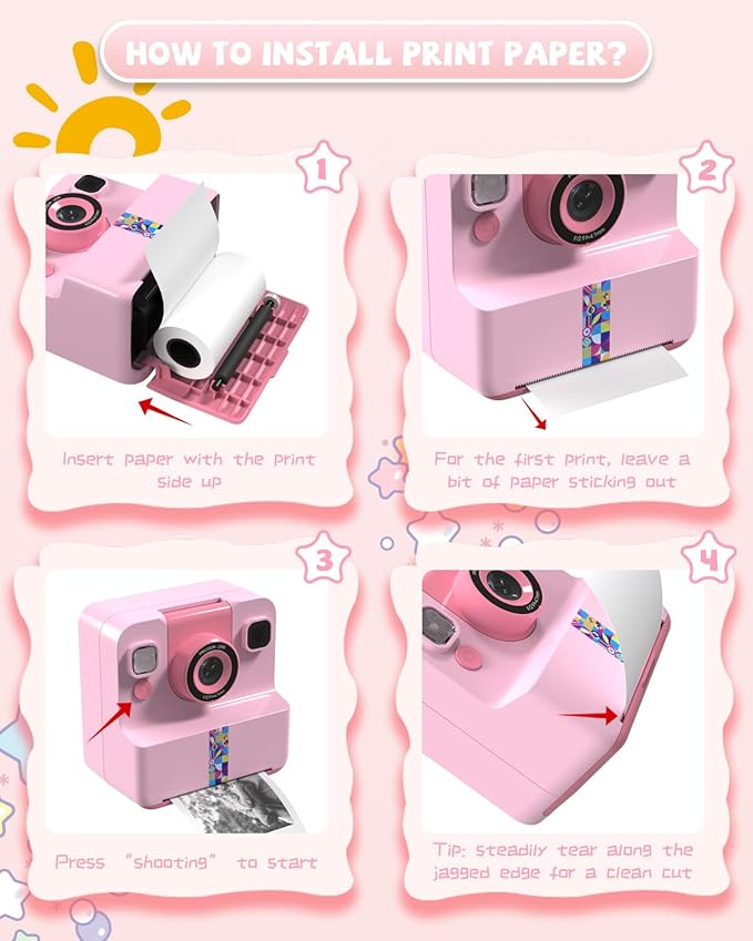 Kids Camera Instant Print, Digital Camera for Kids, 180° Rotating Selfie Lens with 32GB SD Card & 2 Rolls Printing Paper Kids Toy Birthday Gifts for Boys Girls Ages 3-12, Pink