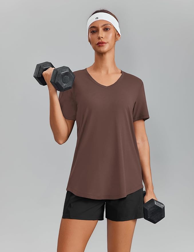 PINSPARK Soft Workout Tops for Women Short Sleeve V Neck Moisture Wicking UPF 50+ Sun Protection Quick Dry Gym Shirts
