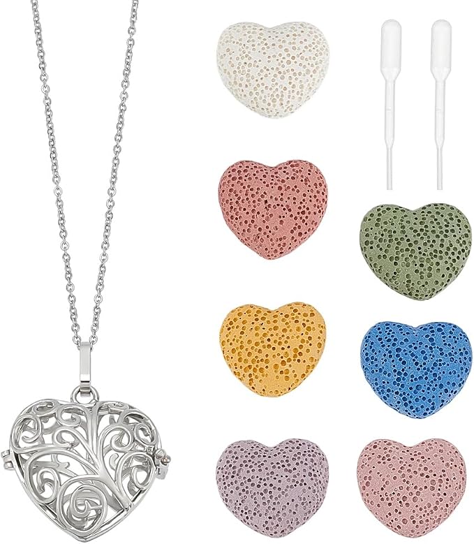 PH PandaHall Aromatherapy Essential Oil Diffuser Necklaces Love Heart Hollow Locket Pendant Necklace Tree of Life Pattern Locket Pendant Scent Necklace with 7 Lava Rocks Stones for Men Women Gifts