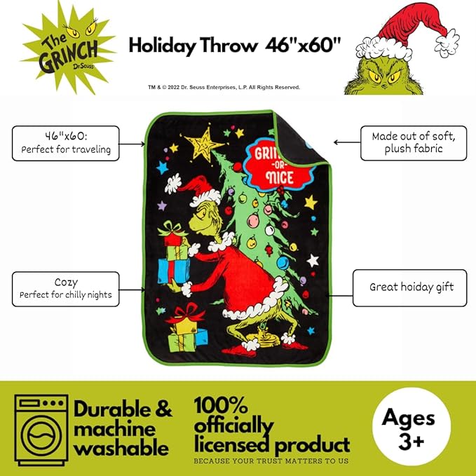 Collectibles Dr. Seuss The Grinch Holiday Christmas Bedding Super Plush Cozy Throw, 46 in x 60 in, (Officially Licensed Product) by Franco