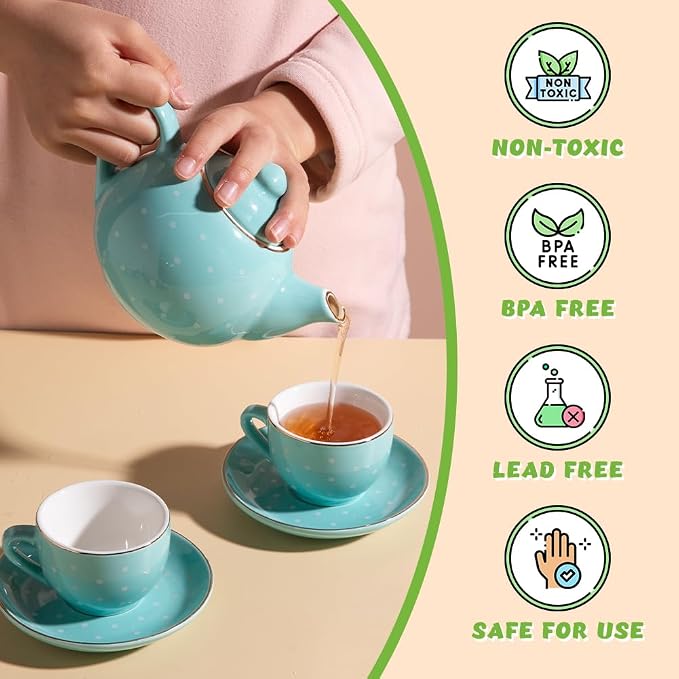Sweejar Porcelain Tea Set for Little Girls,Kitchen Toys Tea Party Set for Kids Toddler Kitchen Pretend Toy Include Children Teapot, Cup & Saucer Set of 4, Sugar Bowl and Cream Pitcher(Love)