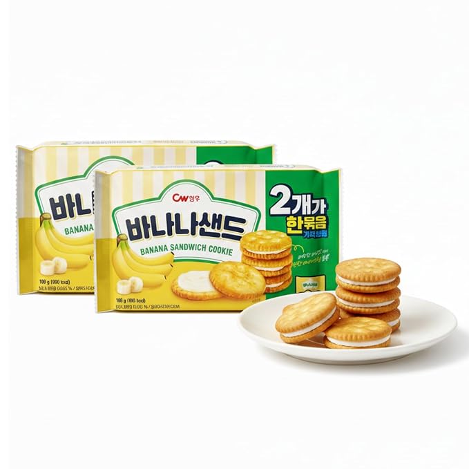Korean Food CW Banana Sandwich Cookies, Sweet Banana Biscuits 12 Packs 360g | Crispy sandwich cookies filled with sweet banana cream. Family pack includes 12 individual snack packs, 360g total.