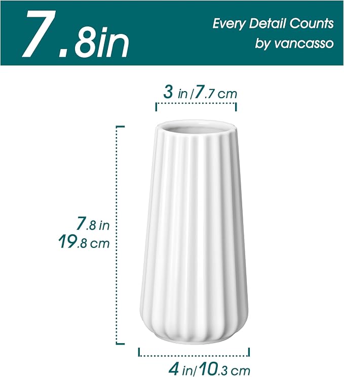 vancasso Ceramic Vase, 7.8 Inch Modern Ribbed Glossy Decorative Vase, Flower vase for Home Decor, Living Room, Bedroom, Office Decor, White