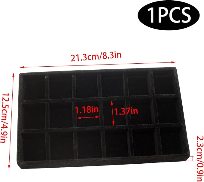 Velvet Jewelry Organizer Tray, Black 18 Grids | Stackable Jewelry Storage Display Tray with Removable Dividers for Drawer Dresser Cloest Organizer