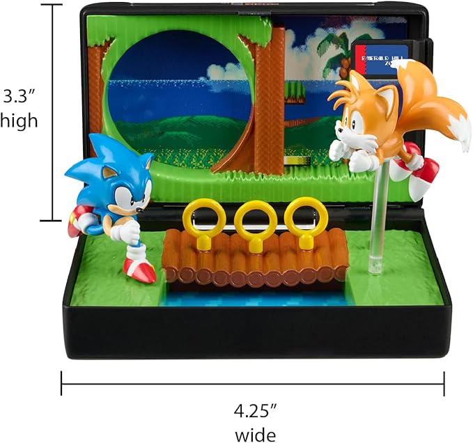 Sonic The Hedgehog 2 Collectible Diorama Playset – Mini Sonic & Tails Figures with Emerald Hill Zone Scene – Retro SEGA Genesis Cartridge