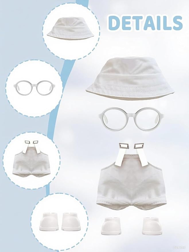 4PCS Doll Clothes Set for 17cm Dolls – Stylish Outfit with 4 Hat, 4 Overalls, 4 Shoes & 4 Glasses of Clothes Designer, Cute Clothes for Dress up Unique Style (Black+White+Brown+Pink)