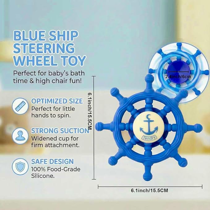 Baby Suction Spinner Toys for Bathtub, Silicone Toddler Bath & High Chair Toys for 1 Year Old Boy/Girl Birthday Gift, Interactive Ship Steering Wheel InfantToy for Car Window Travel
