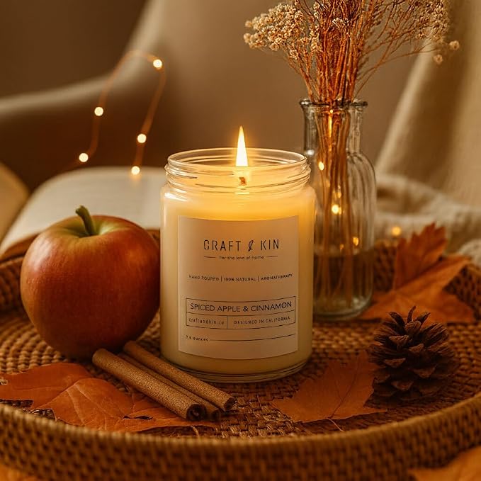 Craft & Kin Premium Apple & Cinnamon Scented Candle – Long Lasting, 45 Hour Burn Time – Luxury Natural Soy Scented Candle with Wood Wick – Room Decor and Aromatherapy – 8 oz