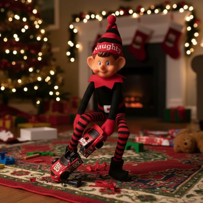 Toyland®️ Elves with Attitude 35cm (14") Red & Black 'Naughty' Elf Soft Toy - Knitted Hat & Legs - Vinyl Cheeky Face & Stick Together Hands - Festive Fun for All!