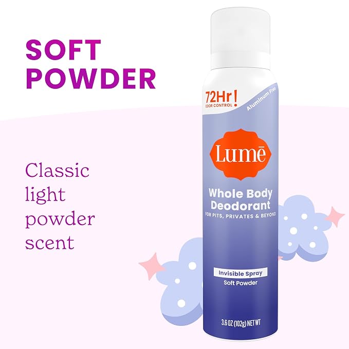 Lume Invisible Spray Deodorant For Women - Whole Body Deodorant Spray - 72 Hr Odor Control - Ozone Friendly, Natural Propellant - Baking Soda & Aluminum Free - Skin Loving, Full Body - Soft Powder