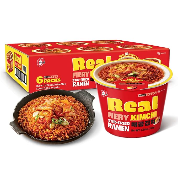 Premium X-LARGE Cup Noodles Real Kimchi Ramen [STIR FRIED KIMCHI | 4.9oz | 6 CUPS per Pack] – Healthy, Bold & Tangy | Korean Spicy Noodle Soup | non-GMO ingredients | No Trans Fat | Easy to Cook Meal or Snack - O’food