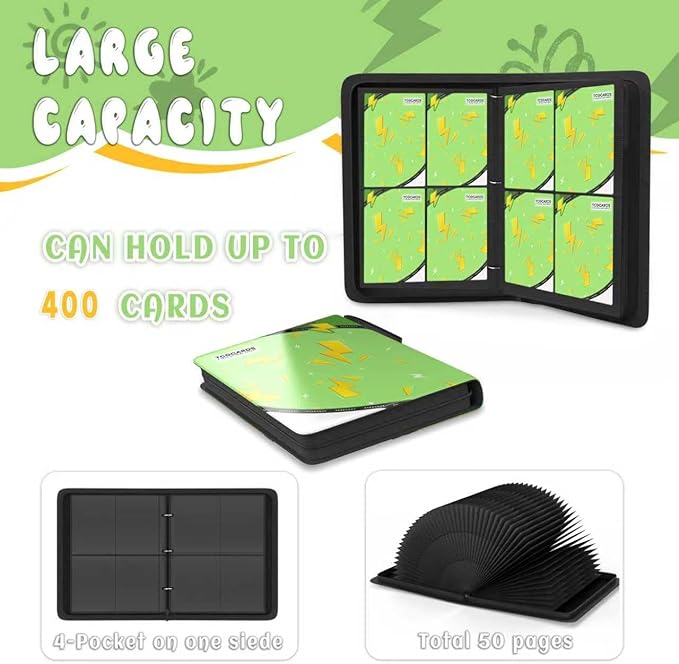 Trading Card Binder 4 Pocket,Card Binder 400 Pockets,Card Book Holder Cards with 50 Removable Sleeves,3-Ring Zip Design MTG/TCG/Sport Collectible Trading Card Albums Gifts for Boys and Girls(Green)