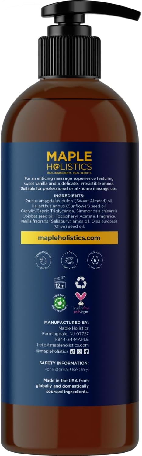Luxurious Vanilla Massage Oil for Couples - Easy Glide Non Greasy Sweet Vanilla Sensual Massage Oils for Date Night with Silky Smooth Sweet Almond Oil Coconut and Jojoba - Vegan Non GMO & Gluten Free