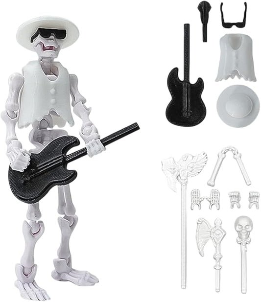 Articulated Skeleton Action Figure with Guitar, Halloween Decorative Toy, 5.35 Inch (White)