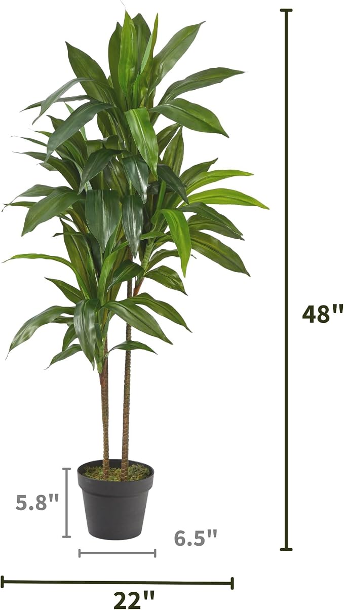 Nearly Natural 48 in Artificial Dracaena Real-Touch Plant with Pot | Multi-Tonal Trunks, Large Indoor Faux Tree, Maintenance-Free, Living Room and Office Decor