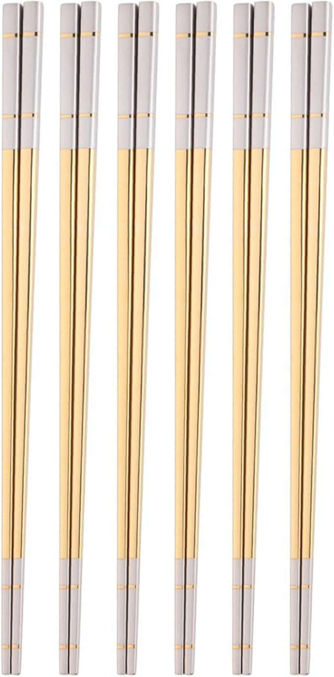 Reusable Stainless Steel Chopsticks,Dishwasher Safe , Easy to Use(6 PCS,Gold)
