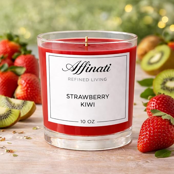 Strawberry Kiwi Affinati 10 oz Scented Candle for Home – Long Lasting Fruity Soy Blend Candle with Wooden Wick, Strong Scent Throw Glass Jar Candles, Premium Clean Burning Aromatherapy Gifts